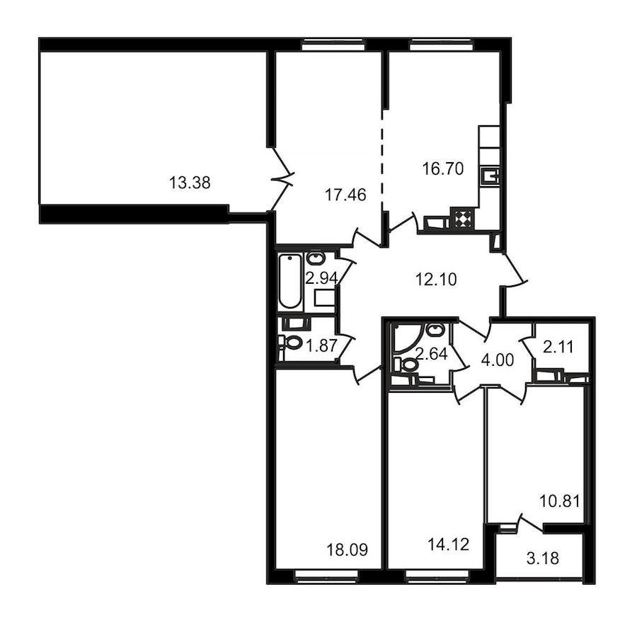4-комнатная квартира 102.84 м², 12/12 эт., ЖК «Чёрная речка»
